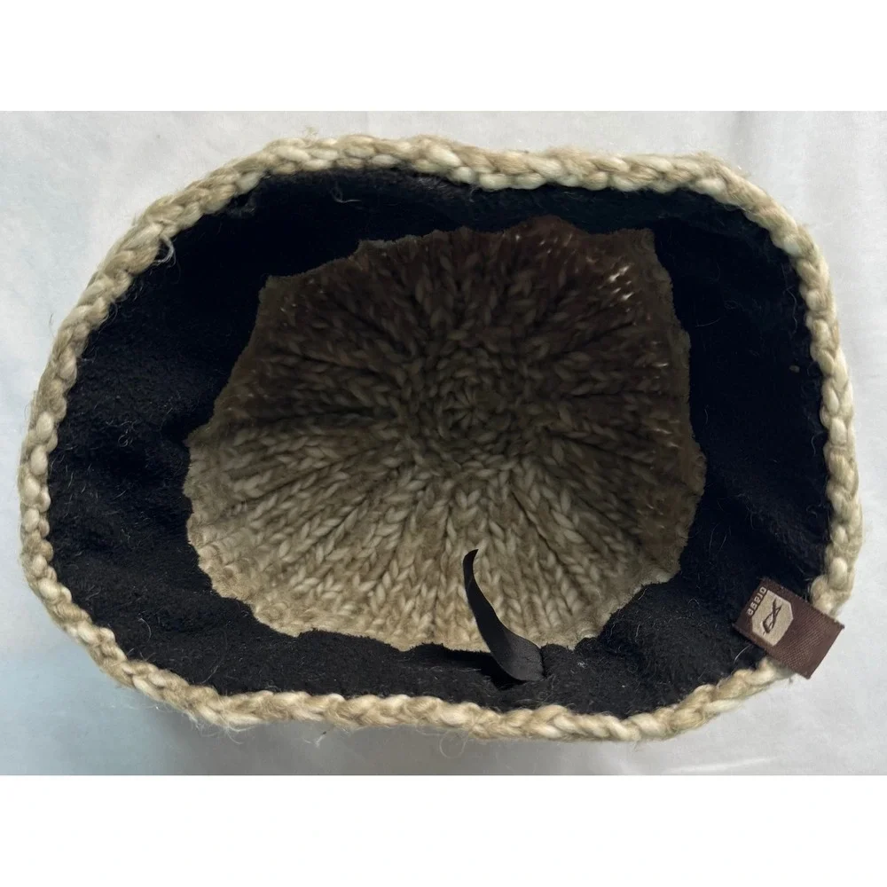 Orage Beanie Hat Beige Cream Wool Blend Chunky Rib Knit Fleece Lined Winter Ski